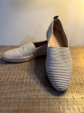 Franco Sarto Navy and White Striped Canvas Espadrilles. Size 8
